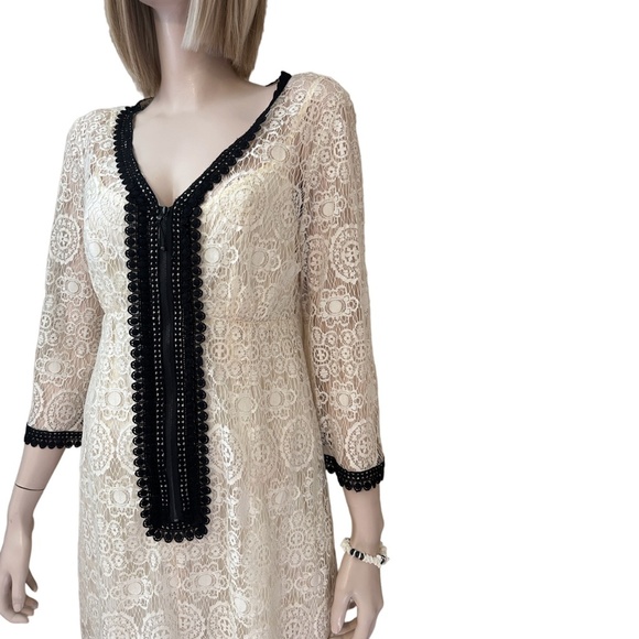 Nanette Lepore Sheath Dress Lace Crochet Zip Front Y2K Made in USA Linen Cotton - Picture 3 of 16